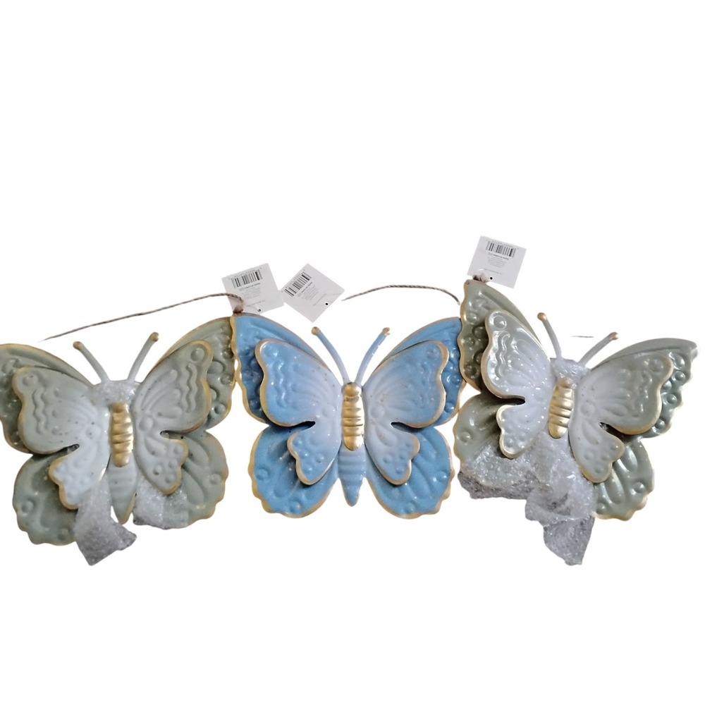 True Living Metal Butterfly Wall Decor Set of 3 Pastel Blue Green White Gold 8in